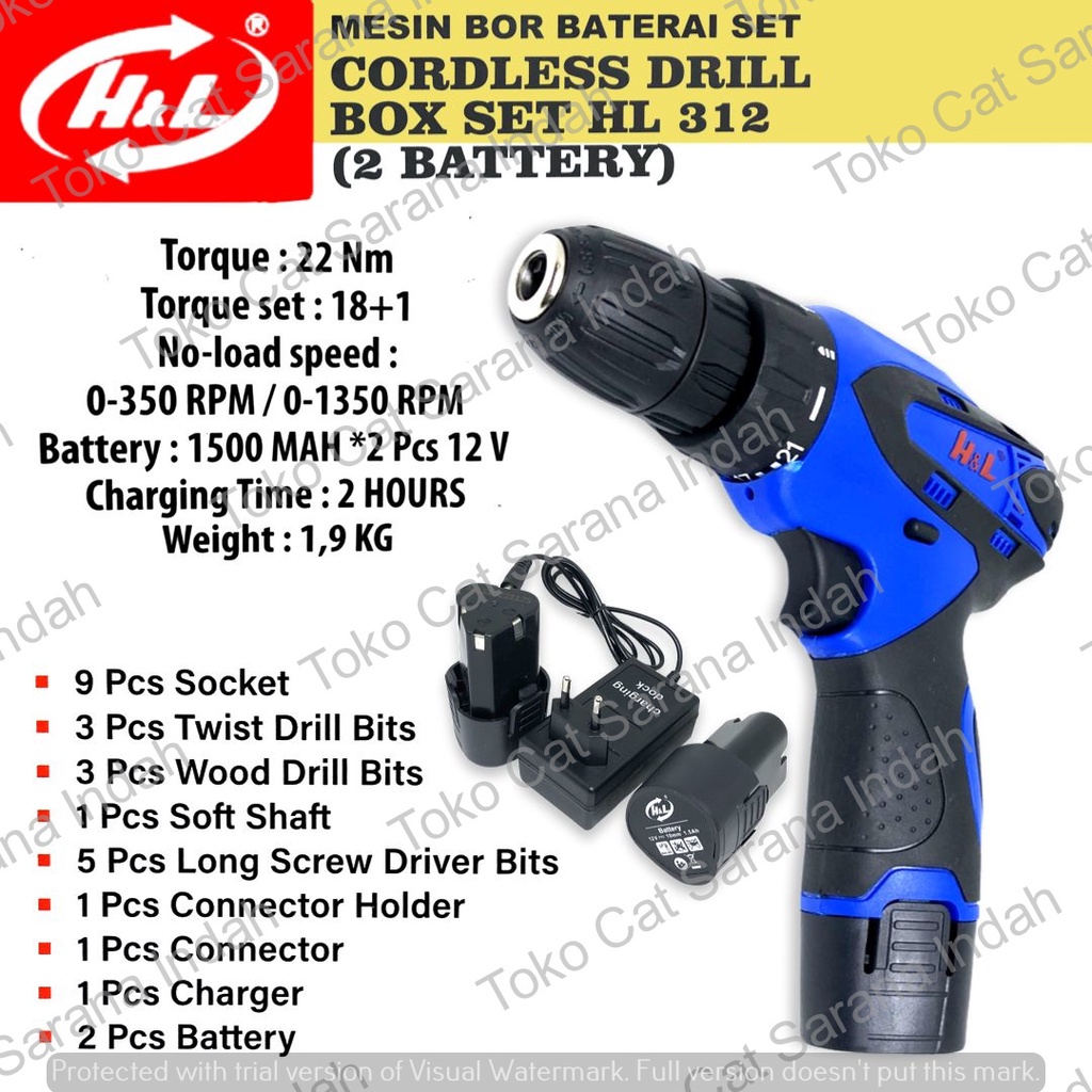 H&L HL 312 MESIN BOR BATERAI CAS DAPAT 2 PCS BATERAI 12V HNL CORDLESS DRILL BOX SET HL312 BOR CAS EL