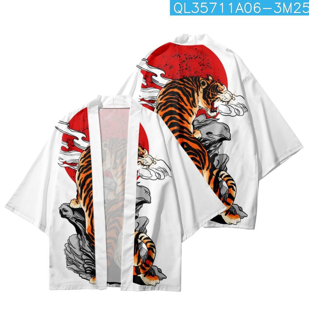 baju Loose Cartoon Tiger Printed White Kimono Beach Shorts Streetwear Summer Casual Couple Women Men
