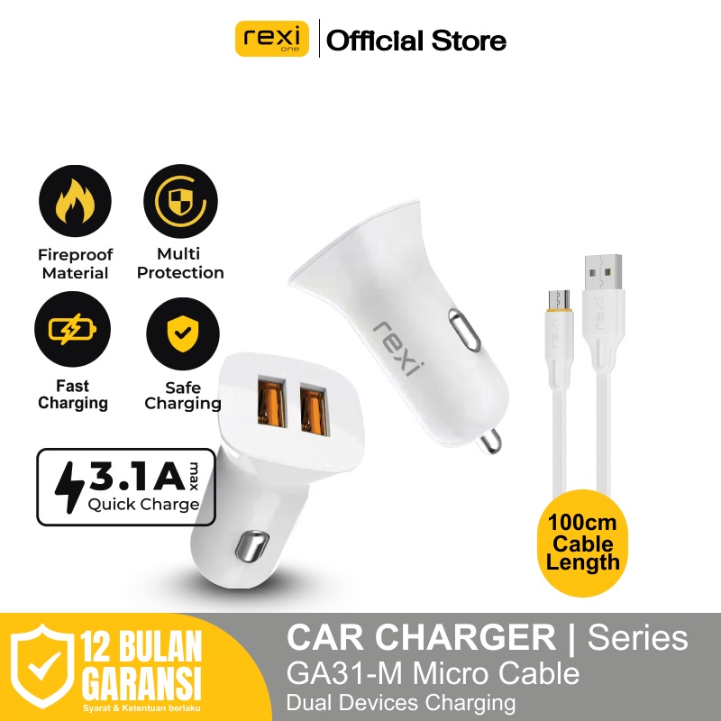 Car Charger Rexi GA31-M 3.1A Max Dual Output with Micro Cable Safe Charging GA31-M