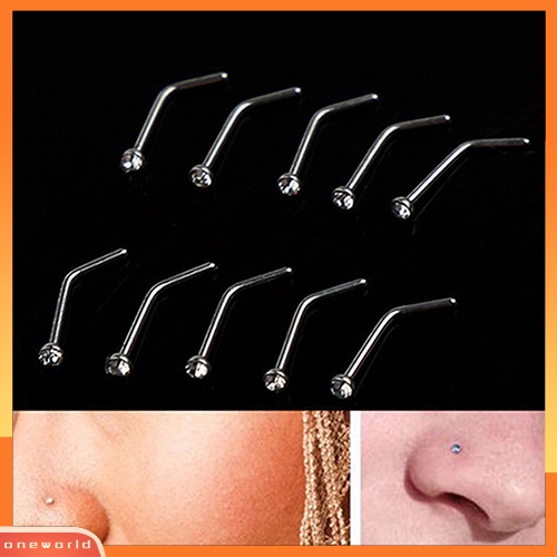 [oneworld] 10pcs Unisex Berlian Imitasi Stainless Steel Sekrup Cincin Hidung Stud Piercing Perhiasan