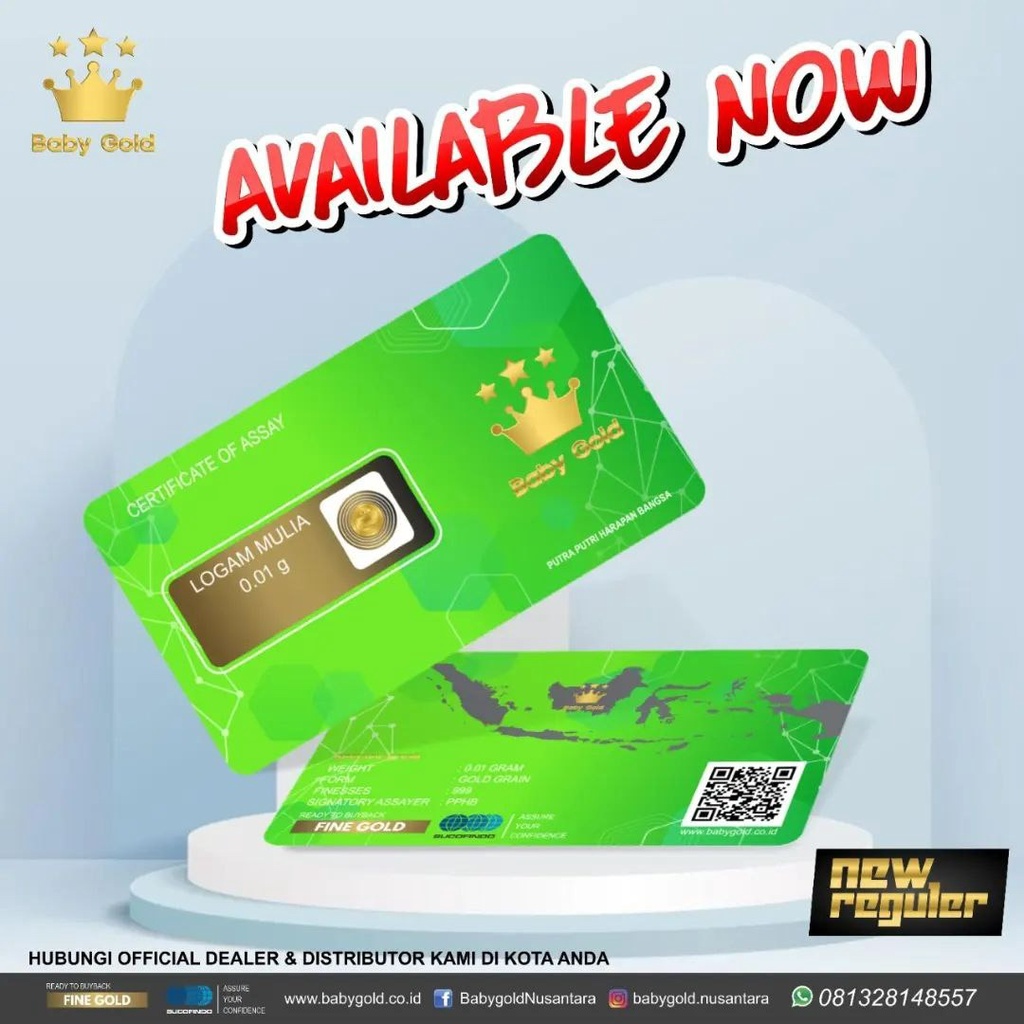 BABY GOLD Reguler Series 0.01 Gram Kemasan Laminating TERMURAH TERLARIS Emas Mini Emas Batangan Logam Mulia Murni 24 Karat Bersertifikat Resmi Asli Original Tabungan Emas Souvenir Keren Mewah