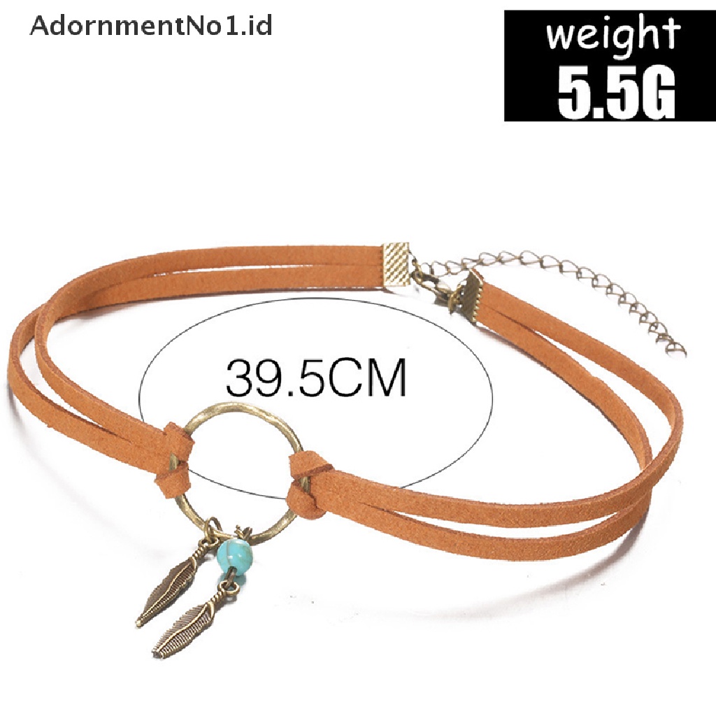 [AdornmentNo1] Wanita Bohemian Choker Boho Bulu Manik Liontin Kulit Coklat Rantai Kalung Fashion Lady Perhiasan Hadiah Pesta [ID]