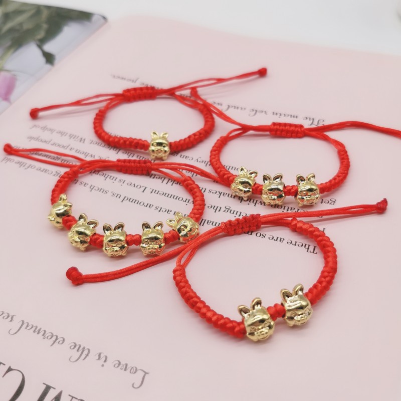 12 Zodiak Hewan Transfer Manik-Manik Bercahaya Handwoven Merah Dan Hitam Gelang Adjustable Gelang Pasangan