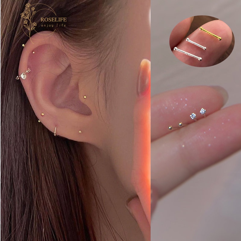 Roselife Mini S925 Perak Double-head 2mm Bulat Bola Stud Anting-Anting Untuk Wanita Perempuan Tak Terlihat Halus Kecil 3mm Zirkon Mahasiswa Anting-Anting Telinga Tulang Pakaian Sehari-Hari Perhiasan Telinga 1pasang