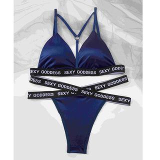 BRI* BS1030 Lingerie Wanita Sexy lingeri Set Motif Satin transparan Seksi Set + G-String Wanita-BIRU