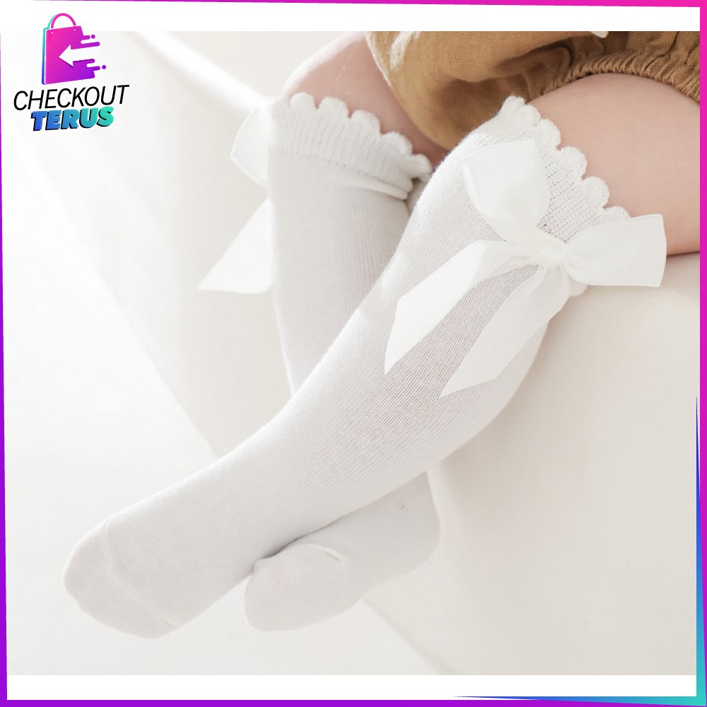 CT P532 Kaos Kaki Bayi Panjang Pita Selutut Anak Perempuan Motif Polos Anti Nyamuk Ribbon Sock Import