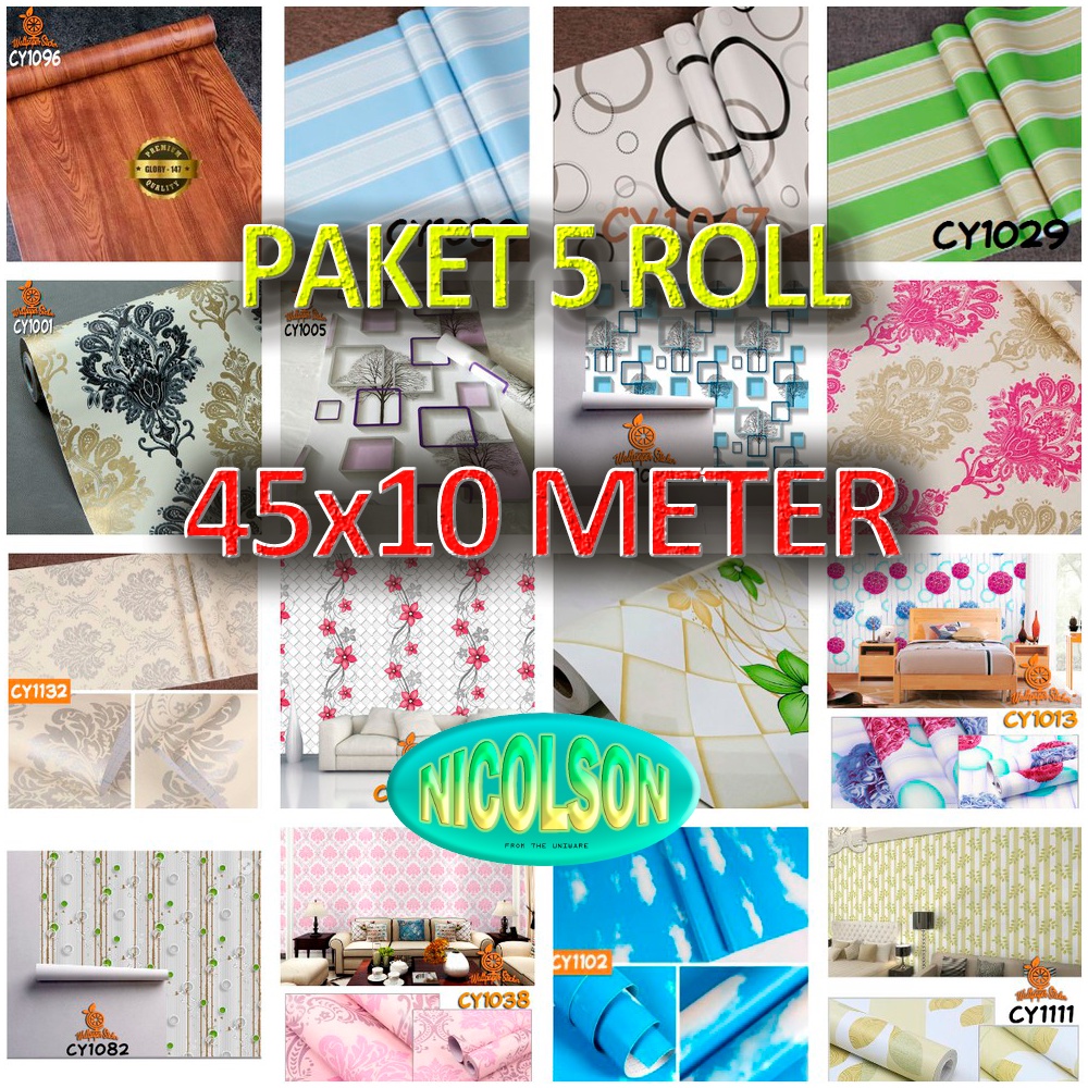 Murah Paket 5 Roll | 10 Meter Wallpaper Stiker Dinding Kamar Tidur Ruang Tamu Dapur Aesthetic