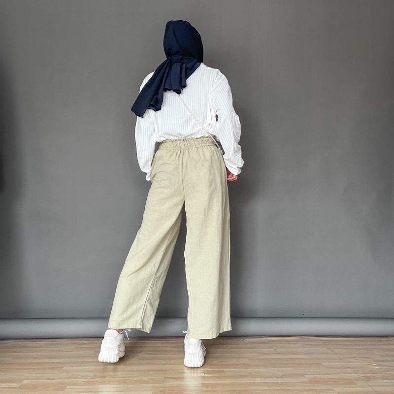 Linen Cullote Pants Yure Kulot Celana Original Highwaist Tali Karet Pinggang