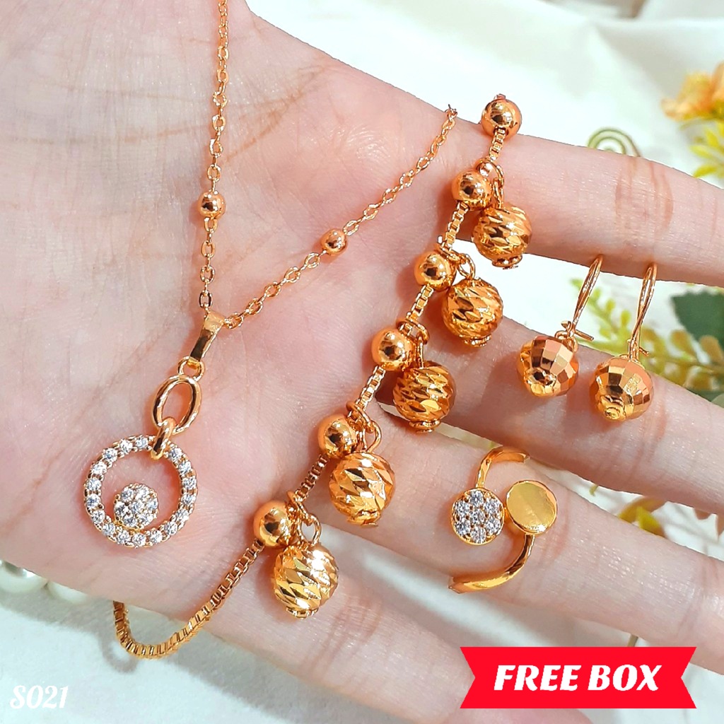 PGX Set Perhiasan Xuping Cincin Gelang Kalung Anting Lapis Emas - S021