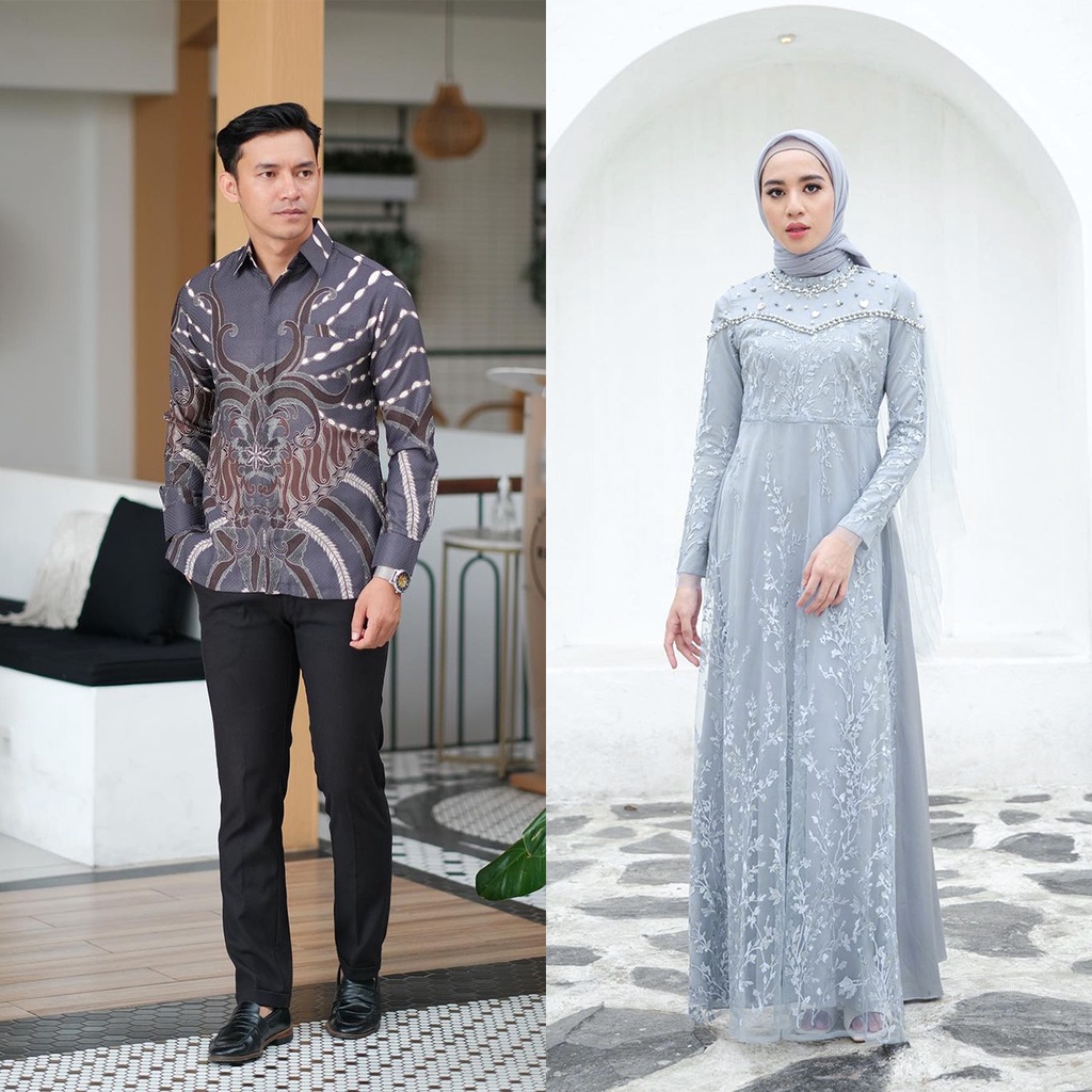 BATIK COUPLE GAMIS BROKAT TULLE MODERN FANIA - DRESS KONDANGAN WANITA KEKINIAN BAJU COUPLE PASANGAN LENGAN PANJANG GAMIS PESTA