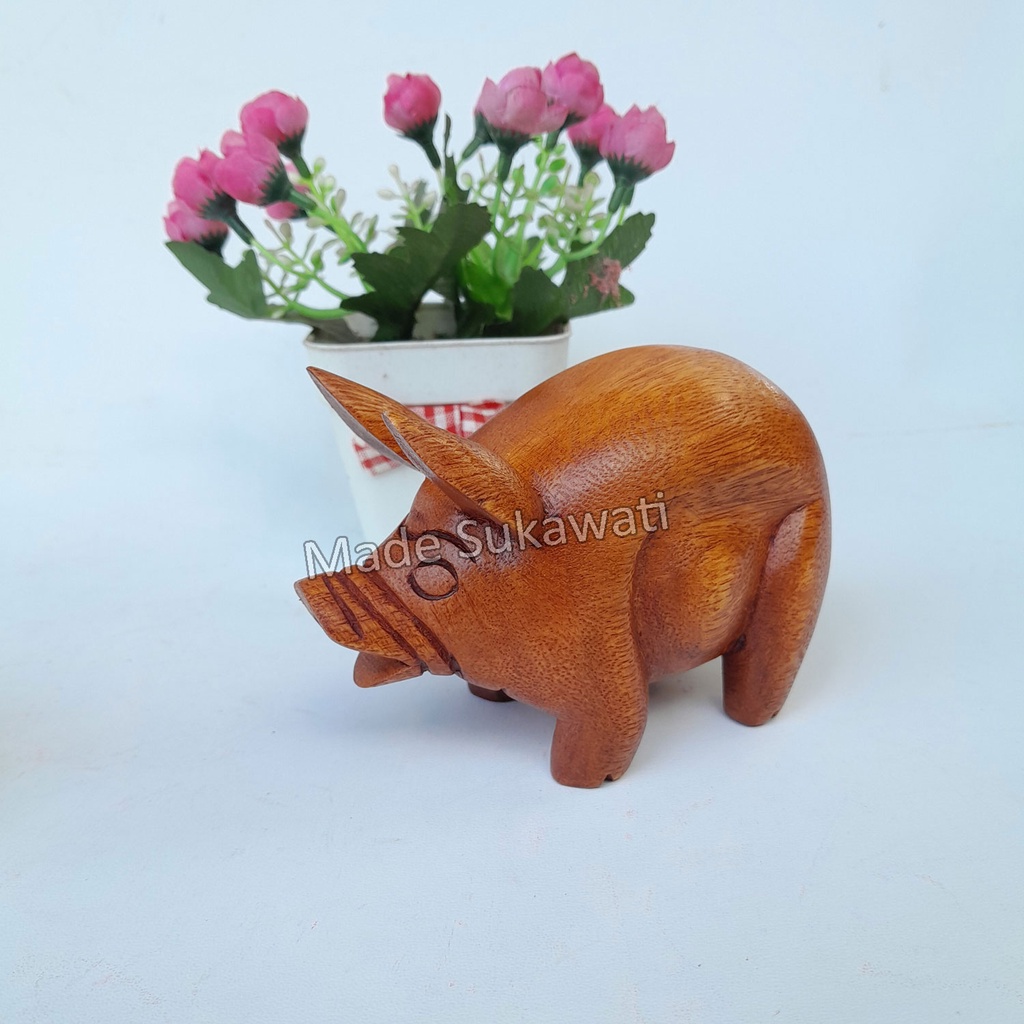 Kerajinan patung kayu Babi pig mini handmade hiasan Bali