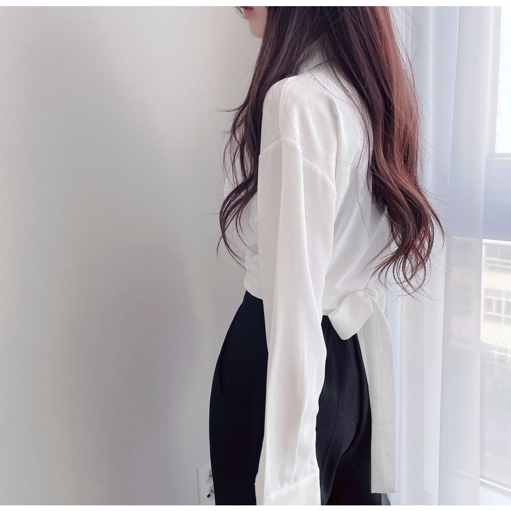 Wrap Top Wanita Hitam Blouse Crop Terbaru Korean Style Kemeja Polos Lengan Panjang