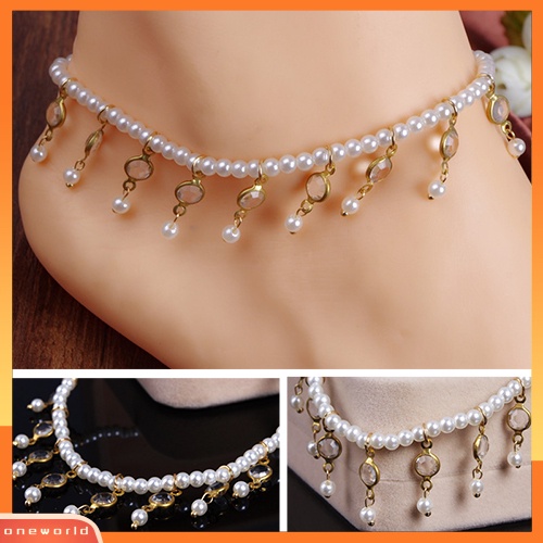 {oneworld} Gelang Kaki Wanita Mutiara Imitasi Berlian Imitasi Gelang Jumbai Barefoot Ankle Foot Jewelry