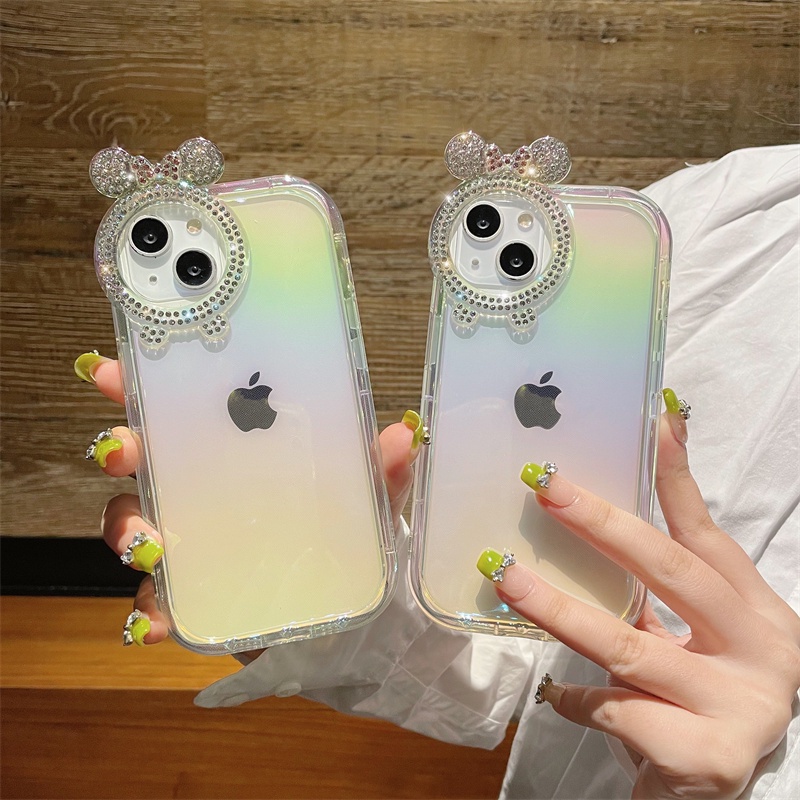 Casing Ponsel Bunga Berlian Mickey Kartun Lucu Untuk IPhone 14 Pro Max13 12 11 X XS Max XR Fashion Grid Transparan Lembut Shockproof Cover