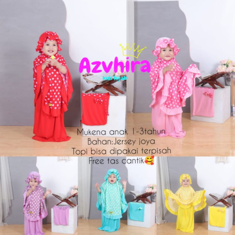 Mukena Kids Polkadot Topi Lucu Umur 1-3 Tahun Original Azvhira Kids Hijab