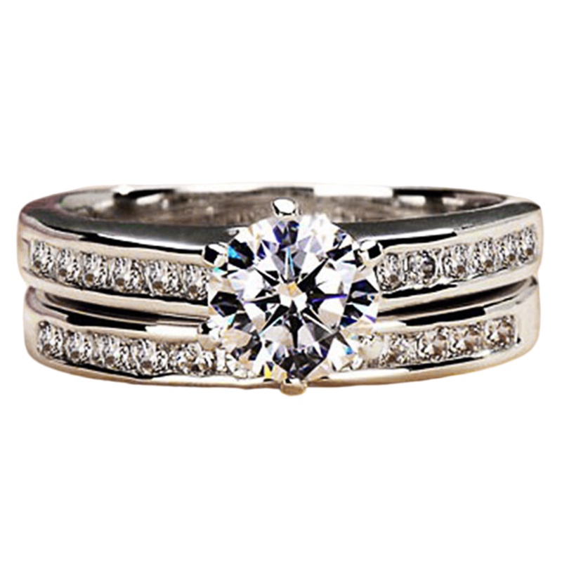 2pcs/set Desain Sederhana Pernikahan Band Wanita Cincin Bertatahkan Bulat Cubic Zirconia Berkualitas Tinggi Warna Perak Pertunangan