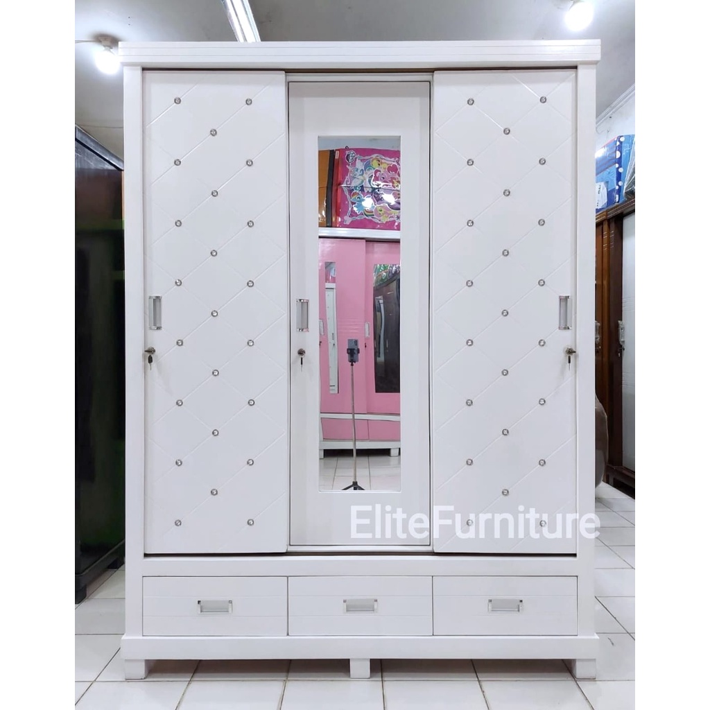 Lemari Pakaian 3Pintu Diamond Putih , Lemari 3Pintu Sliding , Lemari Baju Geser 3Pintu , Lemari Baju