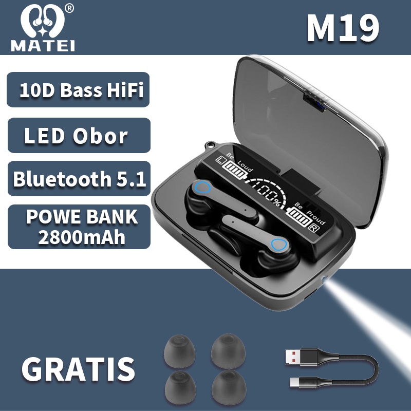 Matei Headset Bluetooth TWS EARPHONE M10  Digital Indicator V5.1 BLUETOOTH Wireless mega bass Headphones gaming super-Hitam-M19-Senter