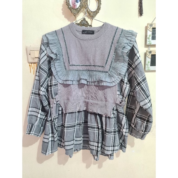 ATASAN BLOUSE KEMEJA Zara Woman RENDA REMPEL KOTAK FLANEL MIX RAJUT IMPORT