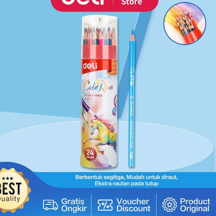 

한국 Deli Pensil Warna 24 Warna dengan Bonus Rautan Pensil pada box EC Kekinian