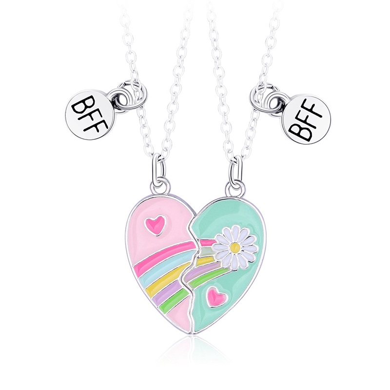 2pcs/set Lucu Warna-Warni Pelangi Bentuk Hati Liontin Rantai Sahabat Kalung Bff Persahabatan Anak Perhiasan Hadiah Untuk Perempuan
