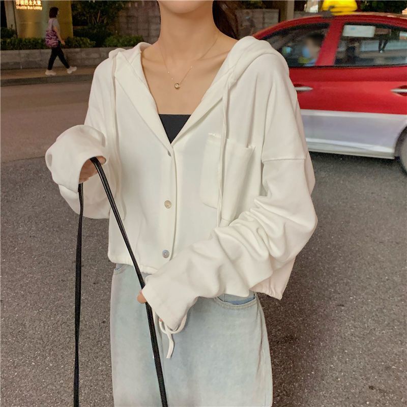 ►❡▧[Pengiriman 24 Jam] Musim Semi dan Musim Gugur Versi Korea Gaya Malas Baru Berkerudung Tali Pendek Bagian Tipis Populer Lengan Panjang T-shirt Sweater Wanita In Top Tide