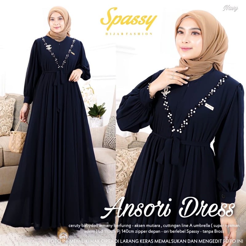 Ansori Dress Kondangan Sage Gamis Wanita Kekinian Busui Friendly Gaun Pesta Muslimah Ceruty Babydoll Aksen Mutiara Baju Wanita Jumbo