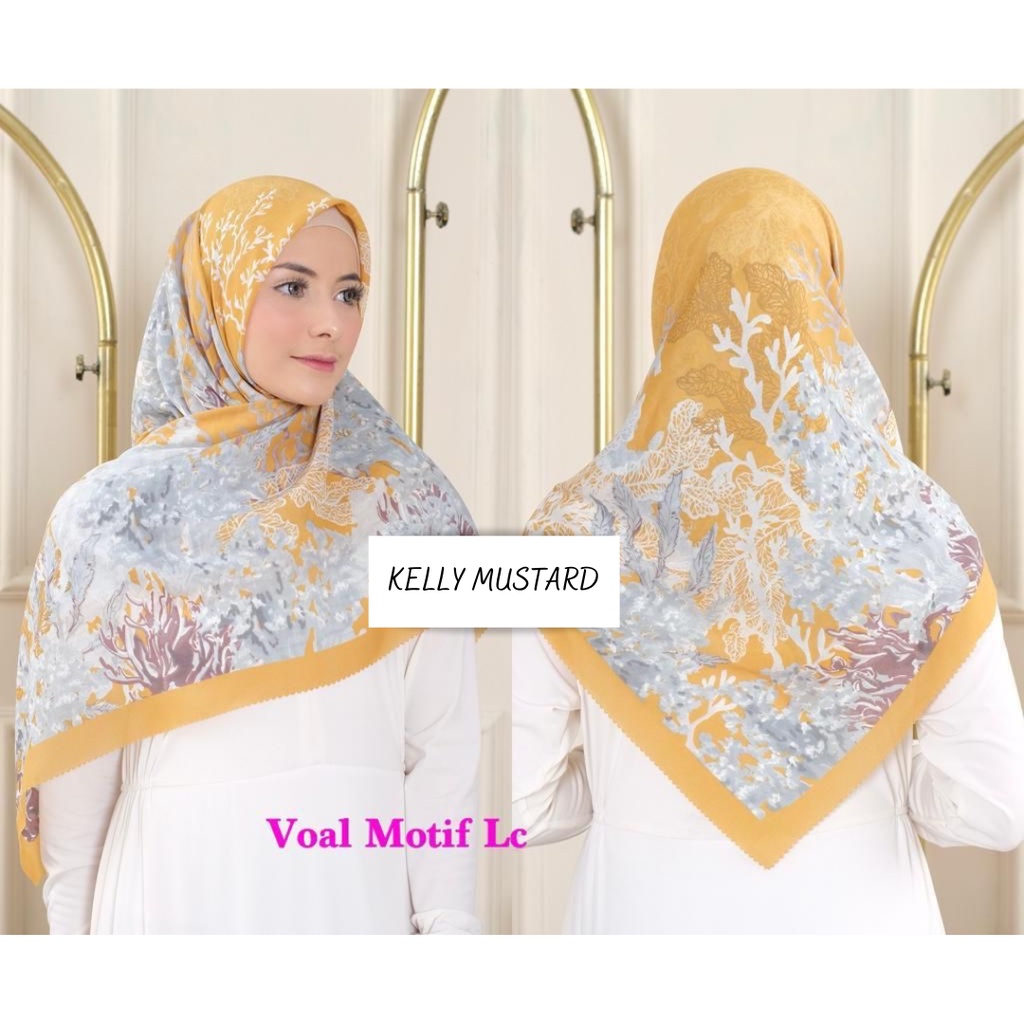 PROMO DENAY KW HIJAB SEGI EMPAT MOTIF KELLY MUSTARD / DEENAY KW VOAL PREMIUM LASER CUT