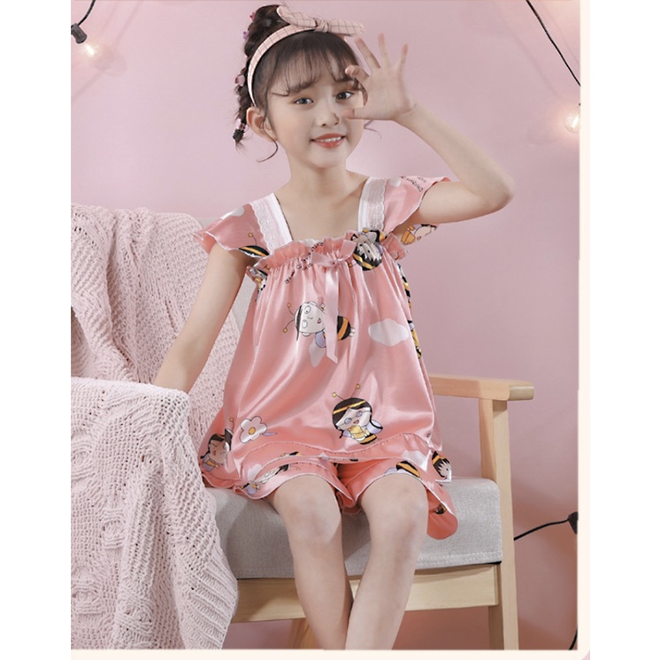 babyfit satin setelan pendek celana pendek piyama sateen anak perempuan import xs-0311r