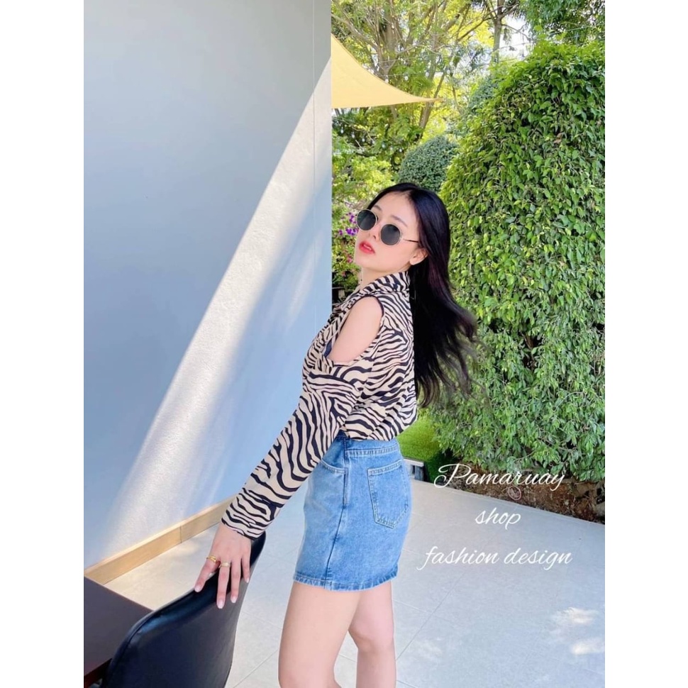 KEMEJA PAMARUAY ZEBRA BAHU BOLONG FASHION WANITA IMPORT BANGKOK CODE P 11