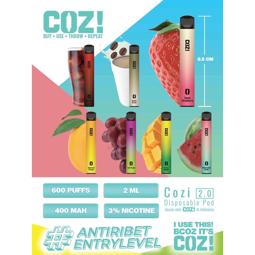 [READY TERMURAH] VAPOOR DISPOSABLE COZI POD KIT 600puffs 2ML 400MAH  ORIGINAL 100% / VAPEE SEKALI PAKAI