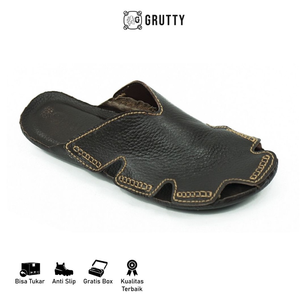 Sandal Sepatu Pria Kulit Asli Bustong Grutty Casual Slop Murah Berkualitas DC022 Coklat