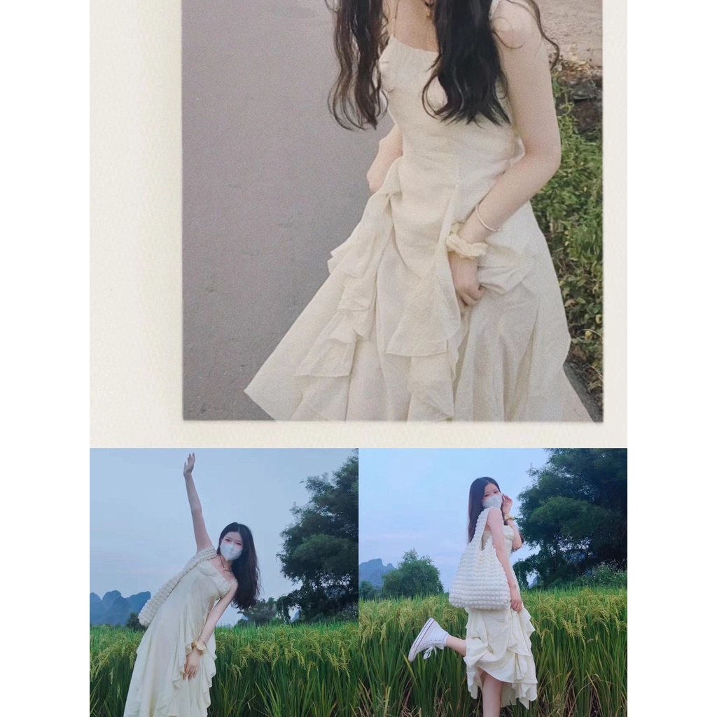Red Gaya Perancis baru angin lembut cinta pertama garis vintage rok wanita susu suspender manis rok gaun chic garis pinggang terlihat ramping rok peri musim panas