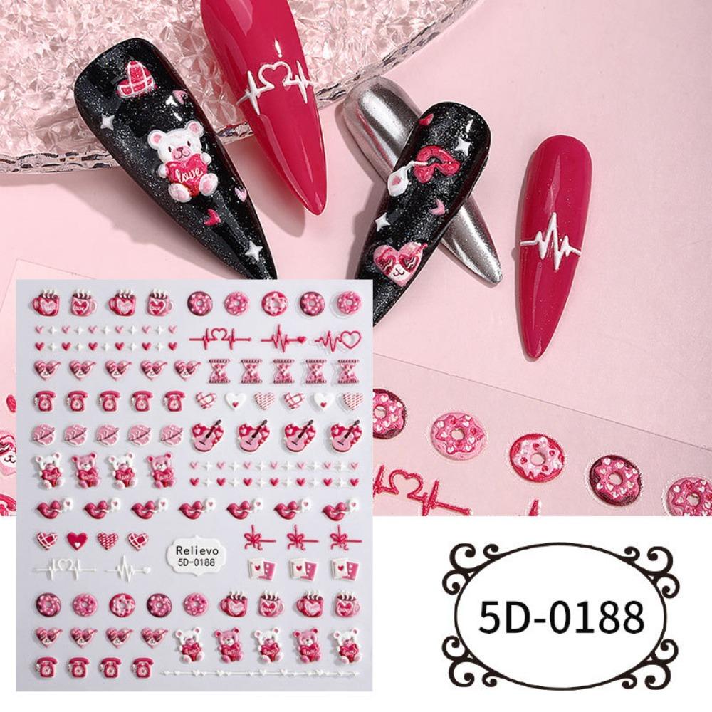 AUGUSTINA Stiker Kuku Hati Agustina Sweet Self Adhesive Valentine Day Nail Art Bunga Mawar Beruang Dekorasi Nail Art