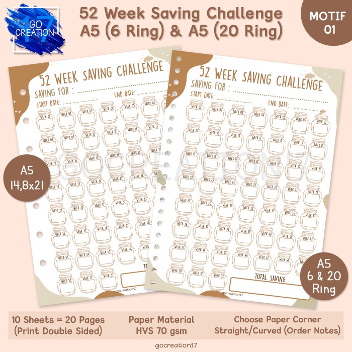 

Kertas Kertas Isi Binder 52 Week Saving Challenge A5 (6 Ring) & A5 (20 Ring)