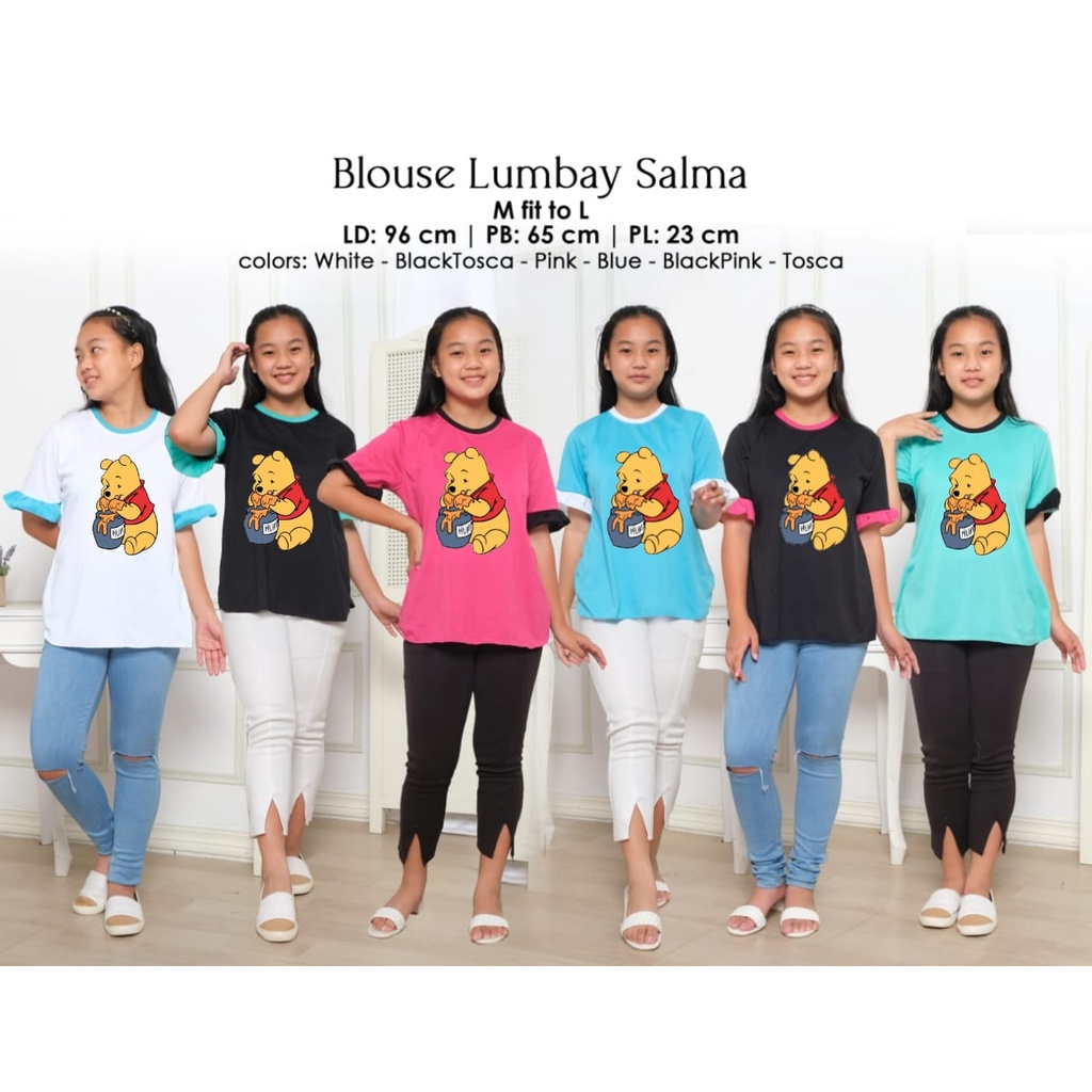 Hzl_outfit Kaos Baju Anak ABG Lengan Kerut Pendek Salma The Pooh Honey/ Atasan Kaos Anak ABG