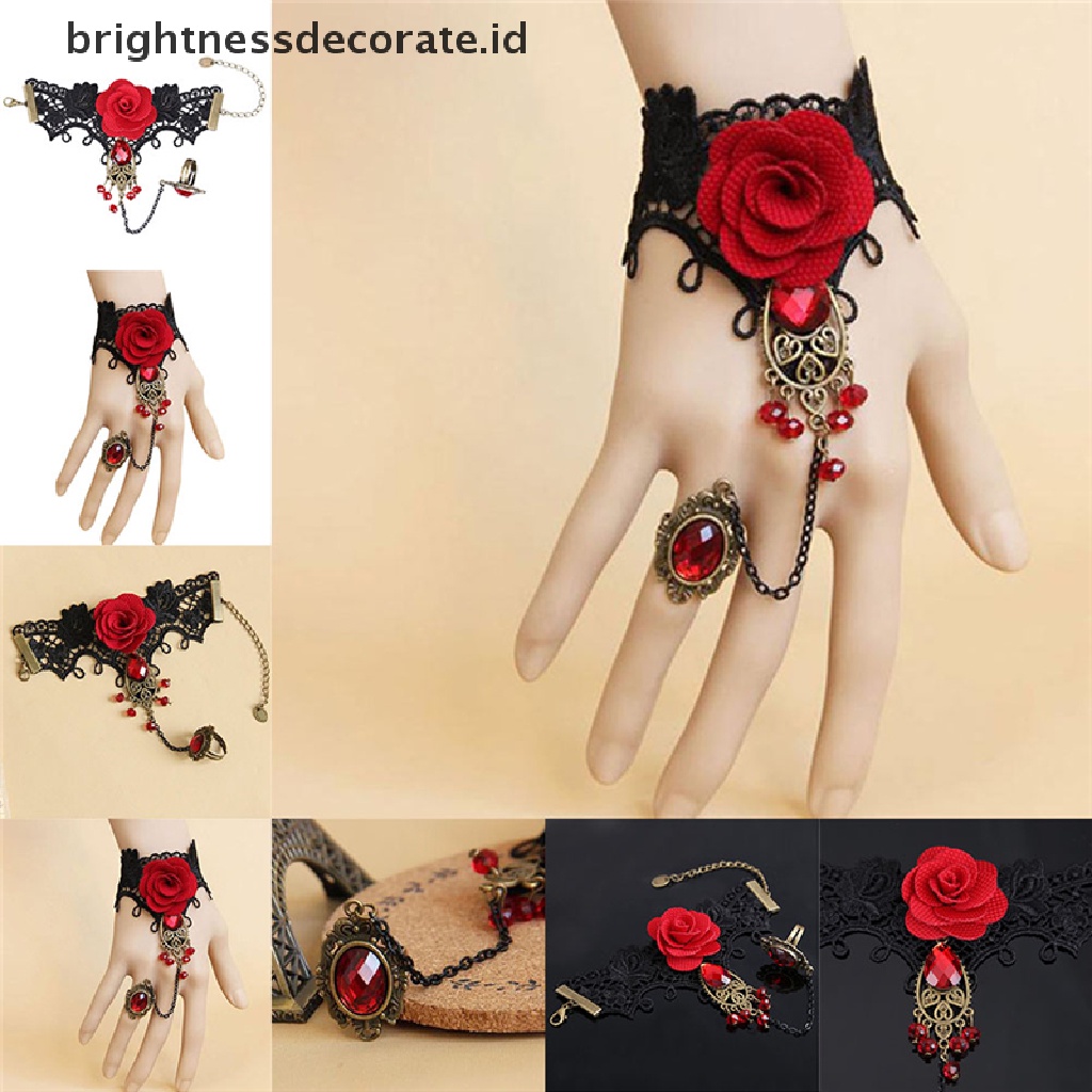 [Birth] Hot New Gelang Mawar Merah Renda Gaya Gotik Elegan Dengan Cincin Jari Yang Dapat Disesuaikan [ID]