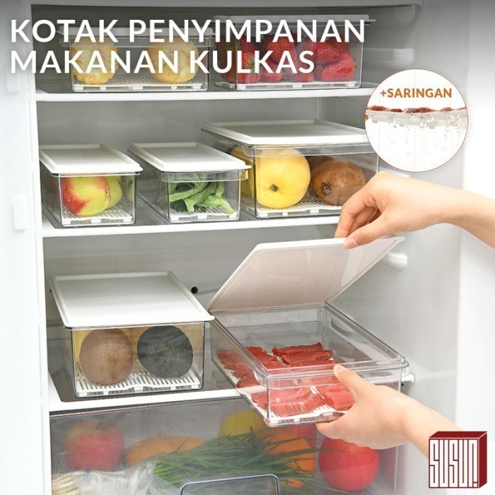 Tempat Kotak Penyimpanan Makanan Kulkas Dengan Saringan / Tempat Penyimpanan