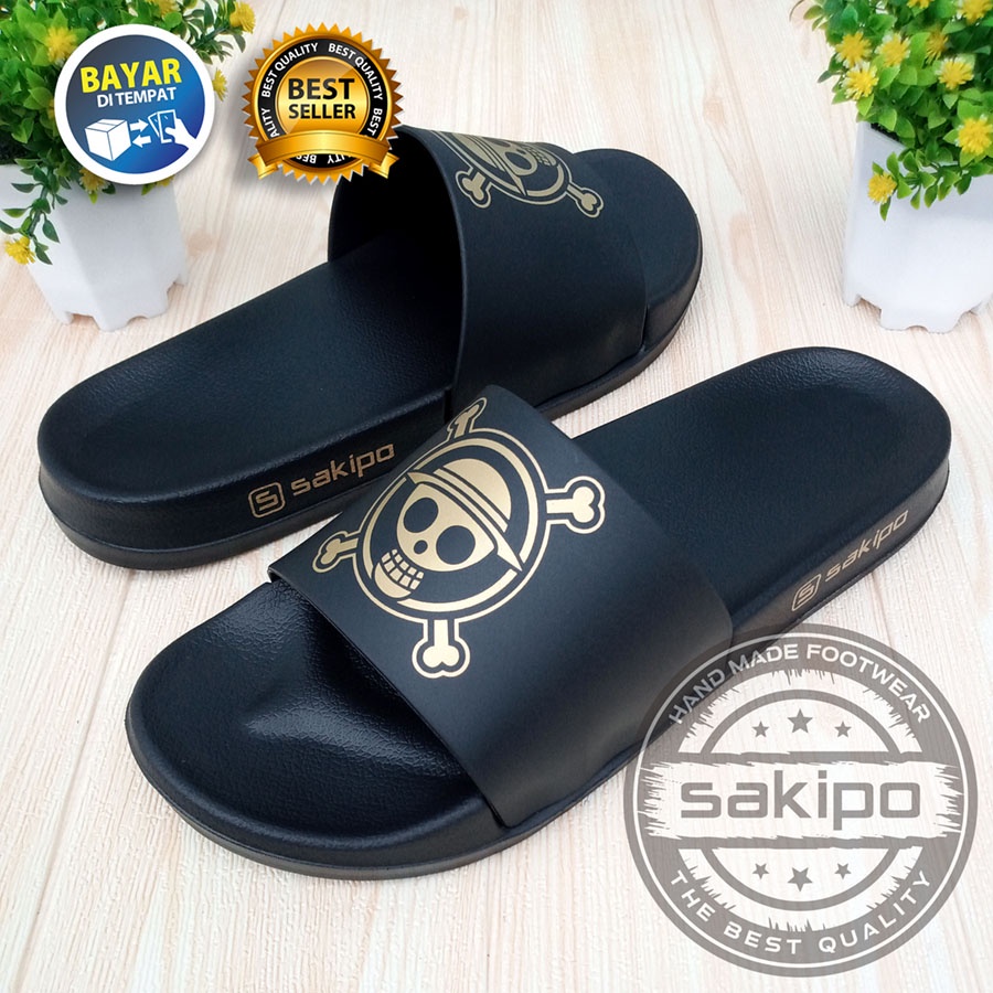 PROMO 2.2 COD SALE !! SANDAL DISTRO KEREN KEKINIAN PRIA DEWASA REMAJA SLIDE HITAM EMAS MOTIF TENGKORAK LUFFI ONE PEACE / SENDAL SLIDE MURAH / SANDAL TAHAN AIR KEKINIAN / SAKIPO