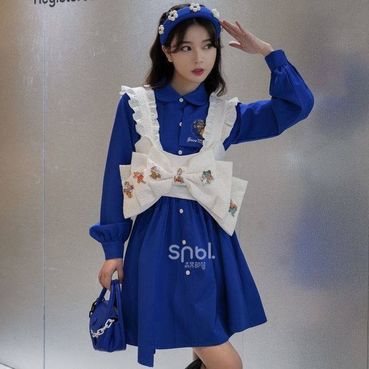 Red Klein blue spring new small fresh dress female + Japanese style cartoon printed bow vest
