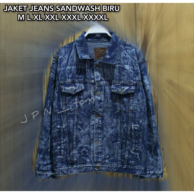 Jaket Denim Jeans Jumbo Sandwash Hitam Polos Big Size Denim Jins Printing XXL XXXL XXXXL Biru Wash M L XL Bahan Tebal Ukuran Besar Ld 120 Ld 130 Ld 140 Model Oversize Black Jazz Grey Wash