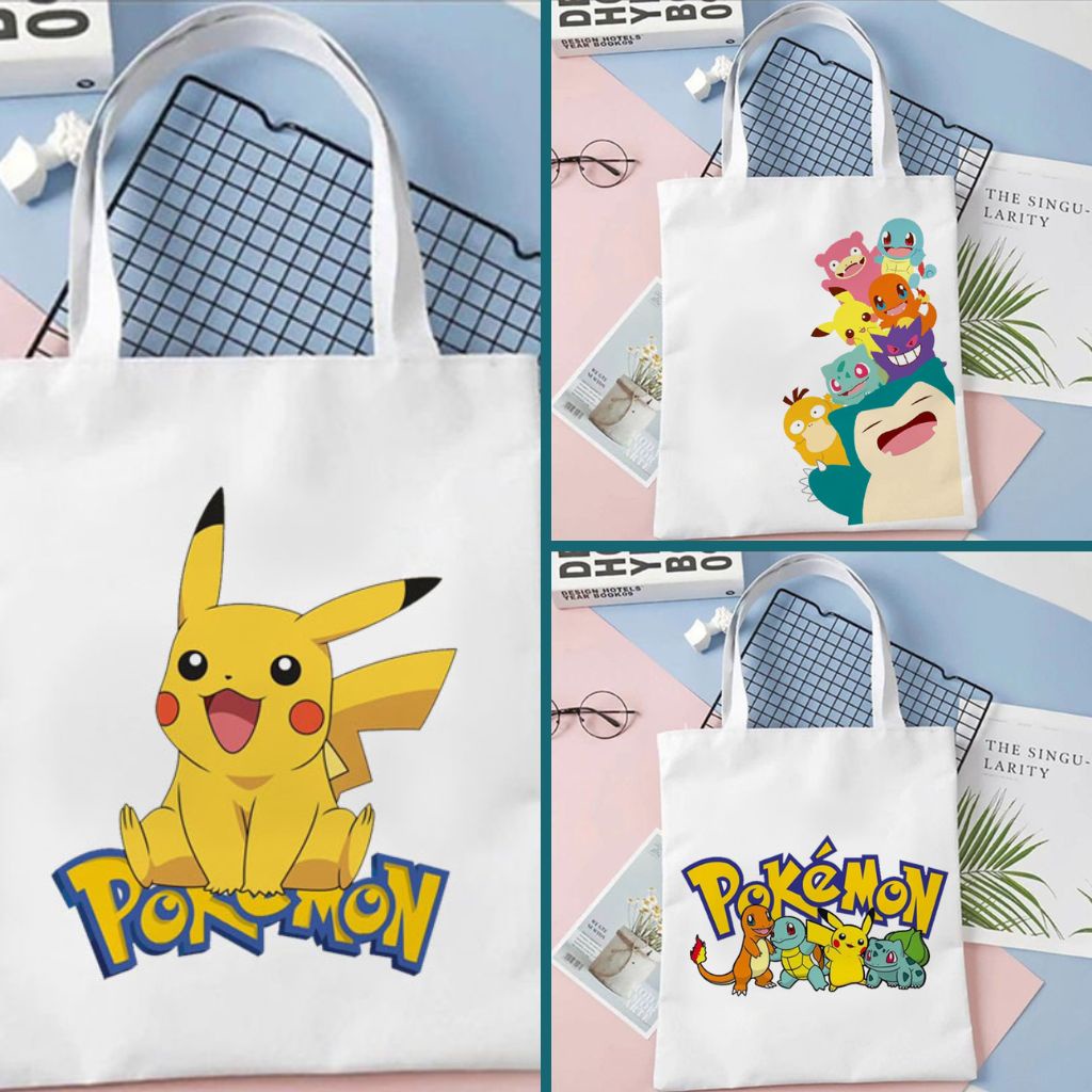 Totebag Tote Bag Pokemon Pikachu Lucu Tas Serut Kanvas Goodie Bag Souvenir Ulang Tahun Anak Cowok Aesthetic