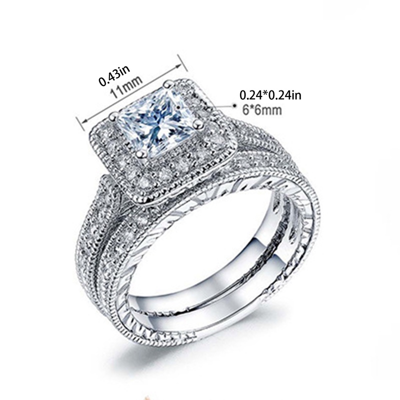 2 Pcs Pasangan Berlian Set Cincin Fashion Mewah Wanita Pertunangan Pernikahan Perhiasan Hadiah