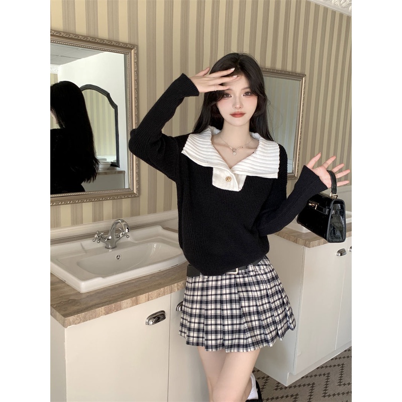 Red Splicing Hitam Musim Gugur dan Musim Dingin Gaya Korea Ringan Dimasak Lembut Ketan Kasual Atasan Sweater Rajut Slim Fit dan Langsing Gaya Barat Sweater Lengan Panjang Trendi