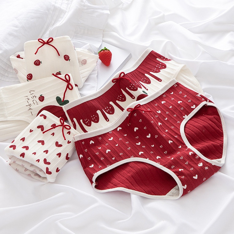 ❤ MIMI ❤  Celana Dalam Wanita Import Mid Waist Cd Imut Motif Red Strawberry Murah