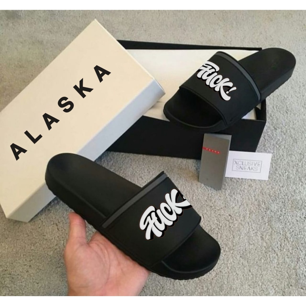 Sandal Slide Slip On Pria Original ALASKA Kualitas Premium l Sandal Slop-Hitam Fuck