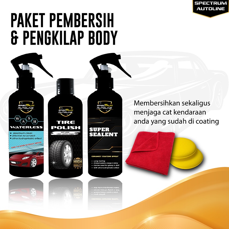 SPECTRUM Paket Pembersih Body Mobil Motor Wash Waterless Semir Ban Spray Sealent Semi Coating Ceramic Efek Daun Talas