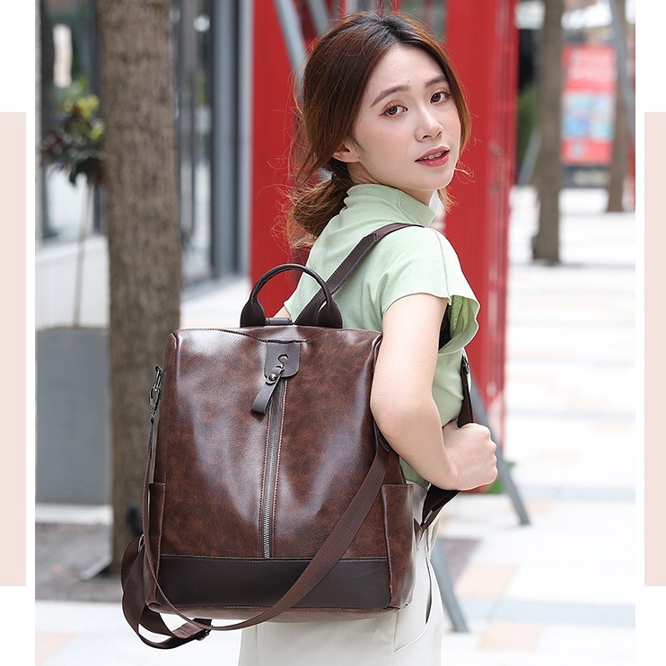 TAS RANSEL WANITA KEKINIAN KOREA KULIT IMPORT BRANDED PREMIUM COKLAT BACKPACK SEKOLAH GENDONG PUNGGUNG RENCENA TA726B7 KULIAH CEWEK REMAJA SIMPLE KERJA MURAH