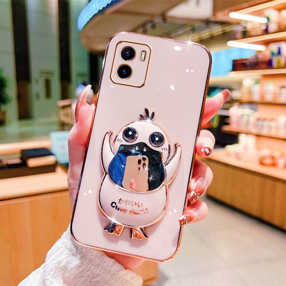 Cute Psyduck Case for OPPO A57 2022 A77S A16 A16K A16e A55 A95 A74 A15 A15S A54 A5S A12 A5S A7 A3S A52 A92 A11K Cases Plating Duck Folding Stand Holder Rubber Soft Phone Cover