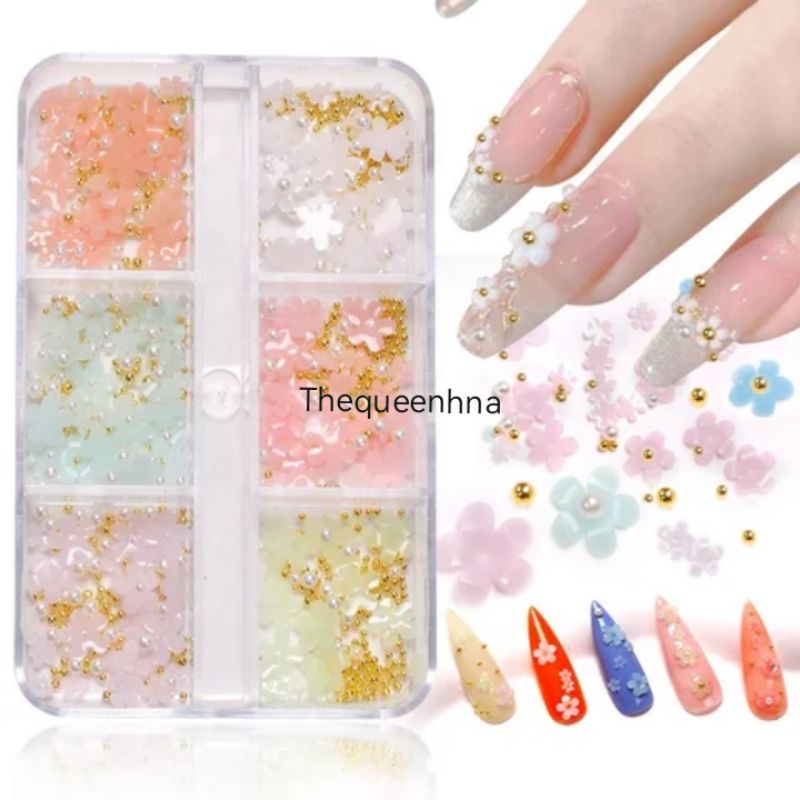 A02 1 Set 6 Sekat Berubah Warna Dengan Sinar UV Lamp Changing Color Ornamen Dekorasi Bunga Hiasan Kuku Bahan Resin Nail Art Decoration Nail Art Resin Flower